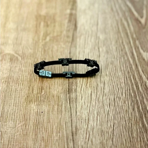 Tory Burch Serif T Bracelet with Pave Stones and Black Leather
